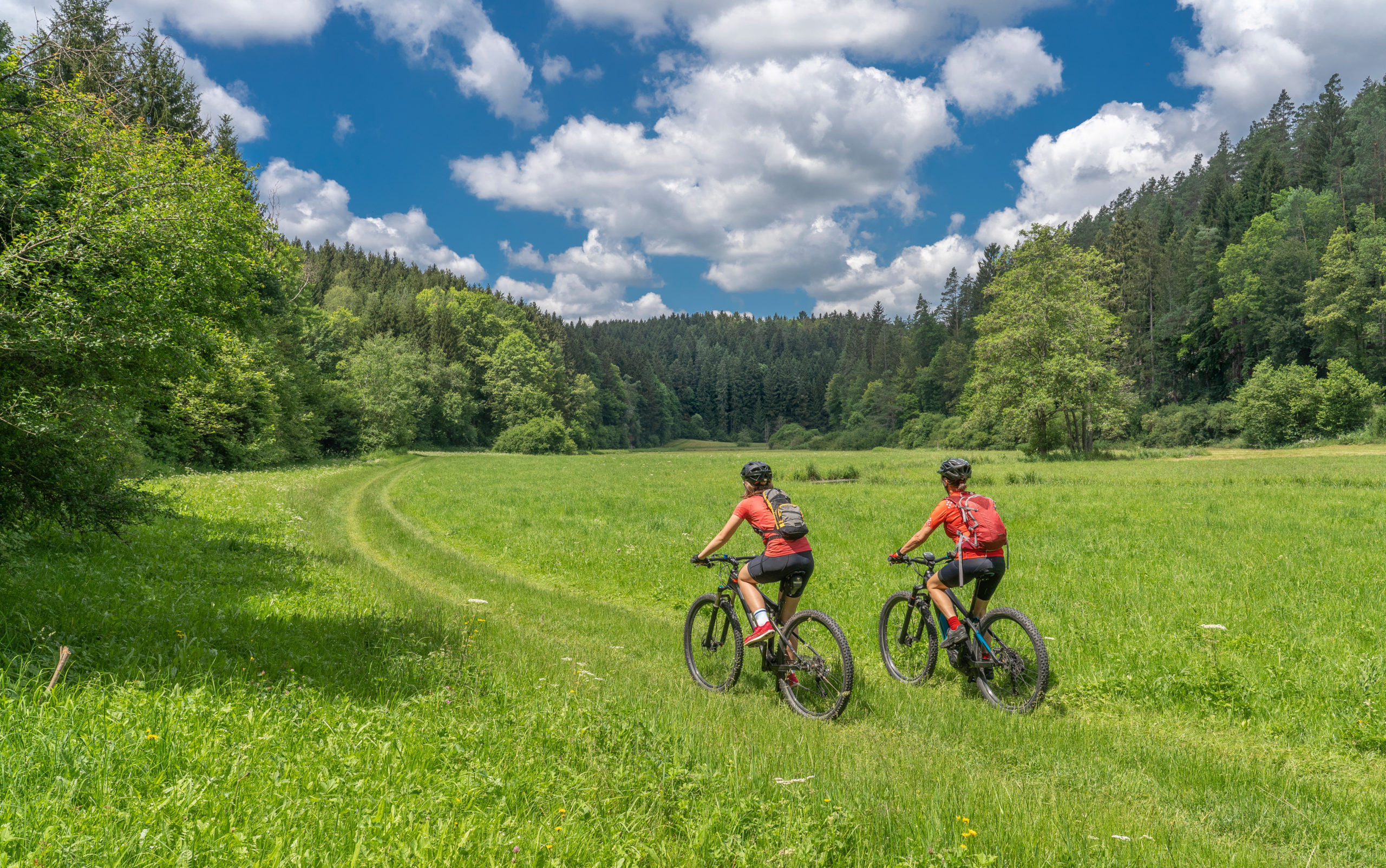 Grandmother with electric mountain bike and granddaughhter without electric help on a smooth meadow trail in the Franconian Switzerland area of Bavaria, Gemany